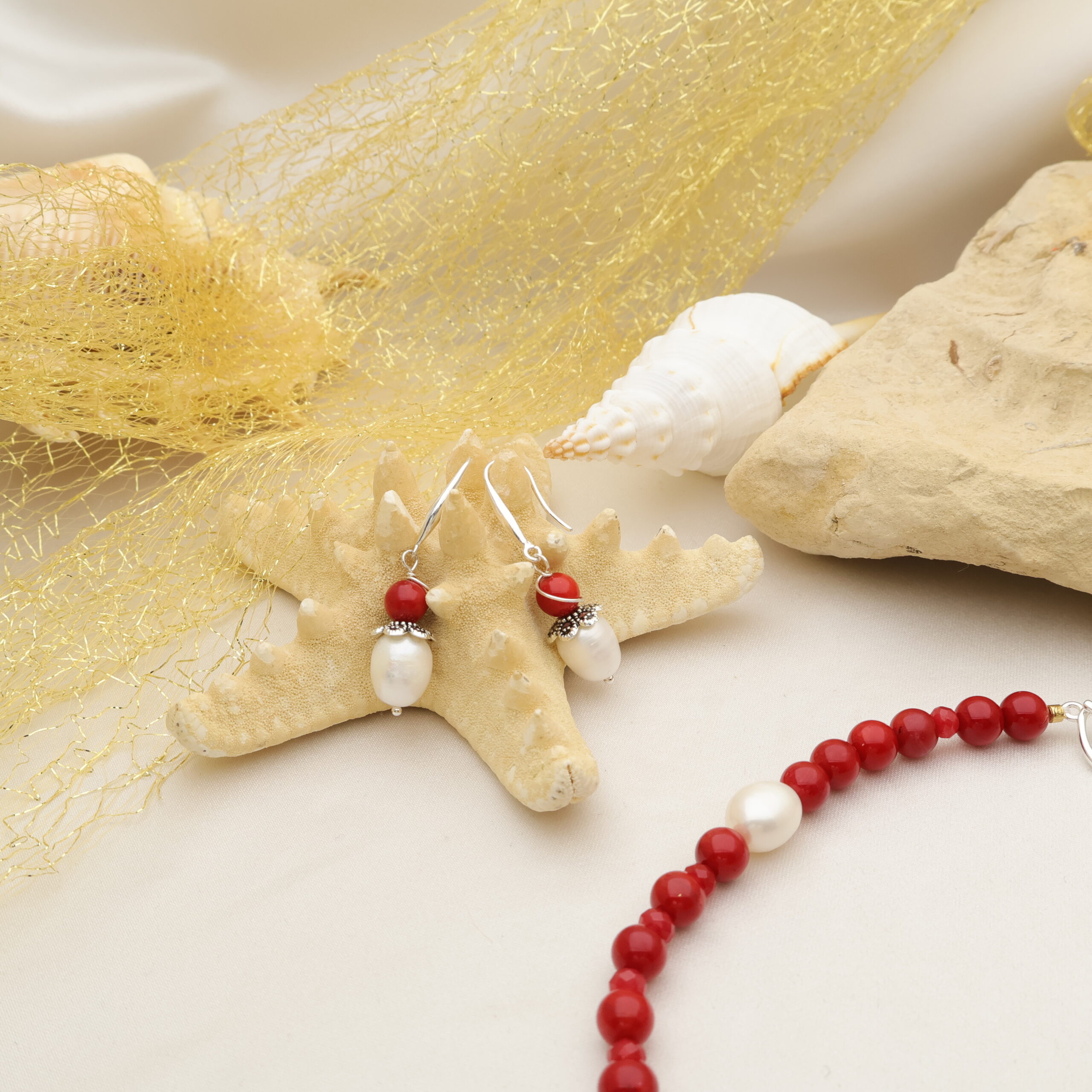 Set Perle de Cultură și Coral Roșu – Argint - imagine 2