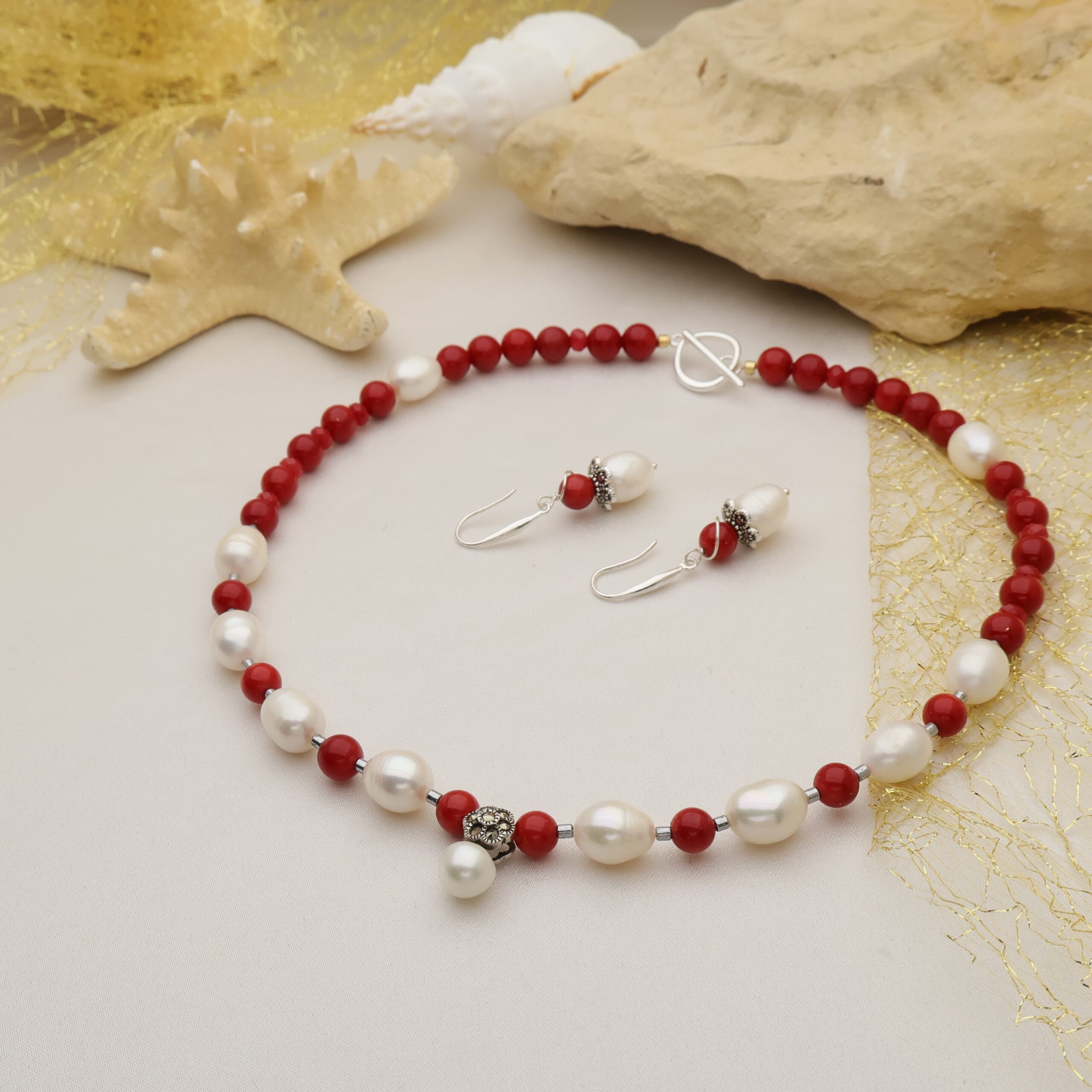 Set Perle de Cultură și Coral Roșu – Argint